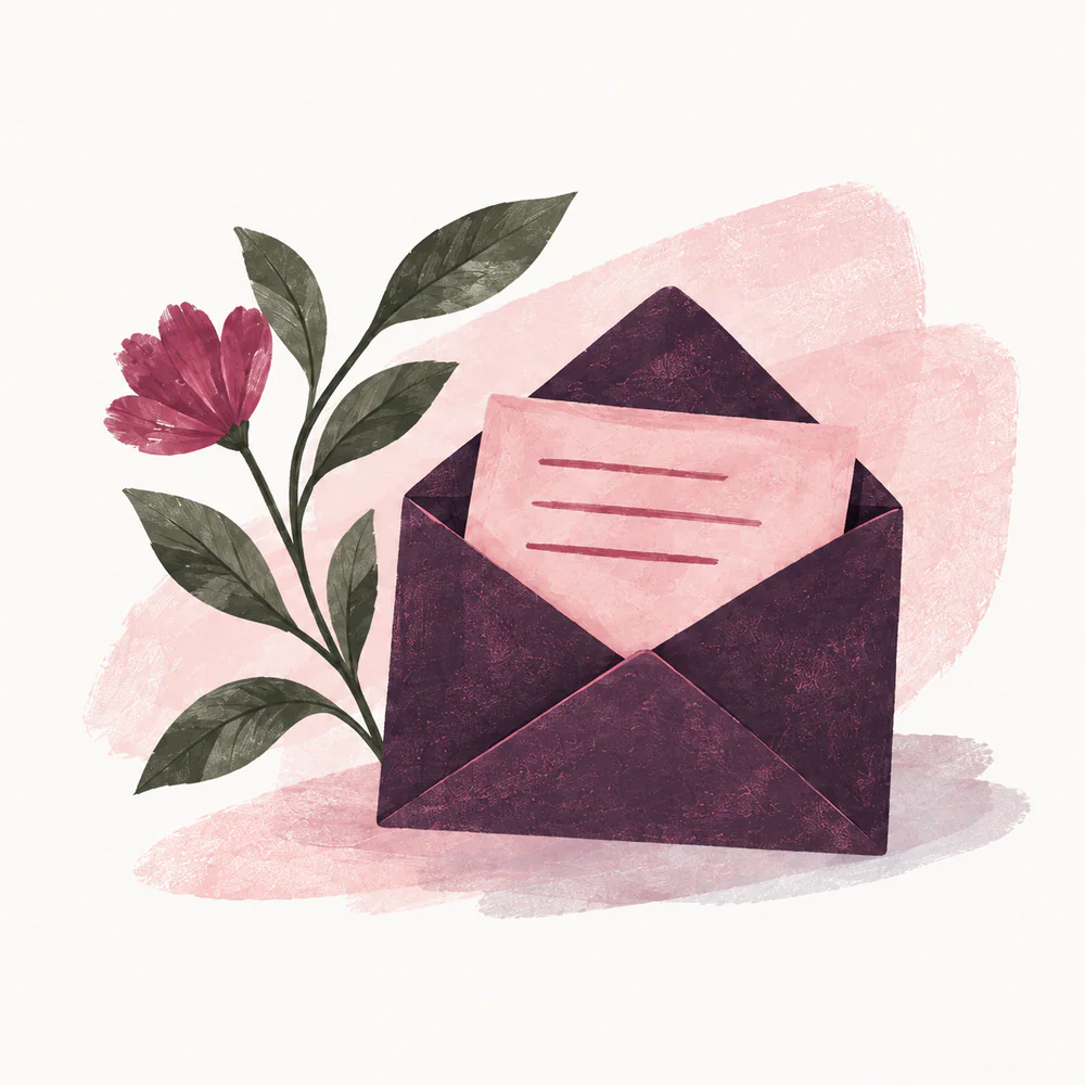 A private letter in a plum envelope, beside a rose.